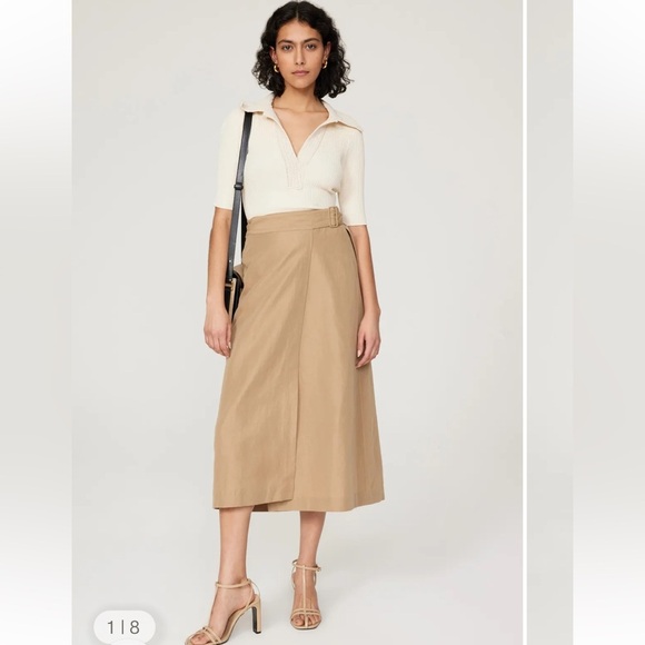 Vince Linen Blend Buckle Wrap Midi Skirt Neutral Tan - Picture 1 of 5